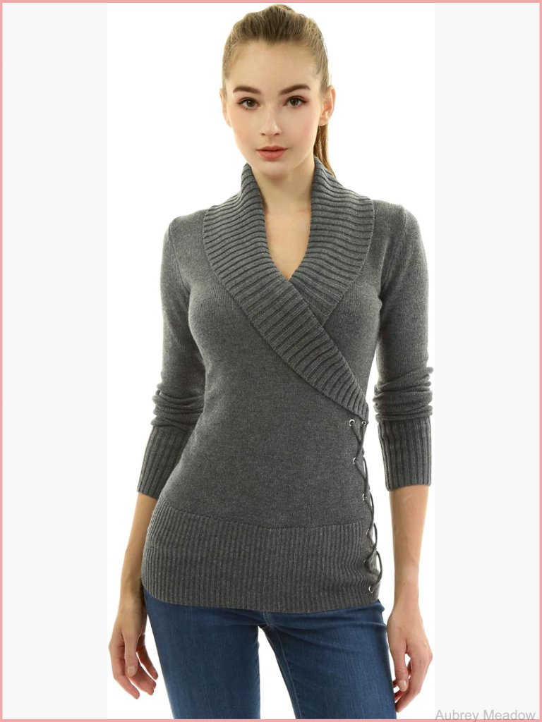 Slim Fit Faux Wrap Lace Up Long Sleeve Pullover Sweater